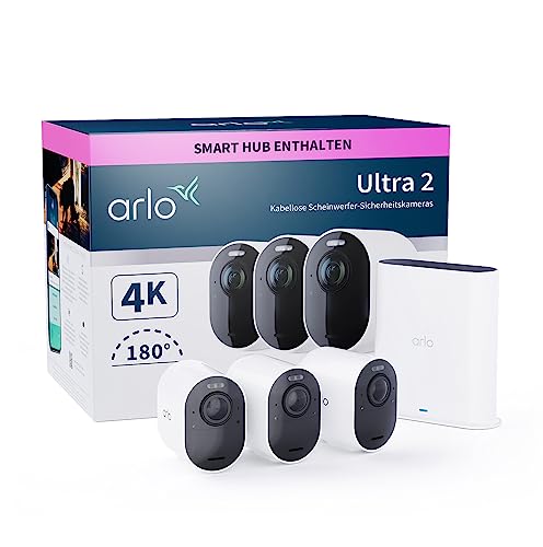 Arlo Ultra 2 Überwachungskamera Aussen WLAN, Kabellos, 3er Set, 4K UHD Qualitätsprodukt, 180° Sichtfeld, Spotlight, Farb-Nachtsicht, Bewegungsmelder, Alarm Sirene + mit Arlo Secure Testzeitraum von Arlo