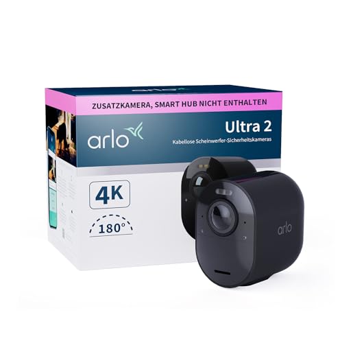 Arlo Ultra 2 Überwachungskamera Aussen WLAN, Kabellos, 4K UHD Qualitätsprodukt, 180° Sichtfeld, Spotlight, Farb-Nachtsicht, Bewegungsmelder, Alarm Sirene, Zusatzkamera mit Akku, SmartHub Benötigt von Arlo