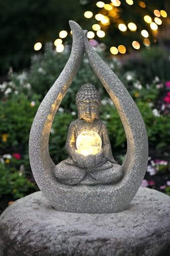 Arnusa Solarleuchte Buddha Skulptur Granit-Optik mit Glaskugel Moderne Solarlampe 30x15x46 cm von Arnusa