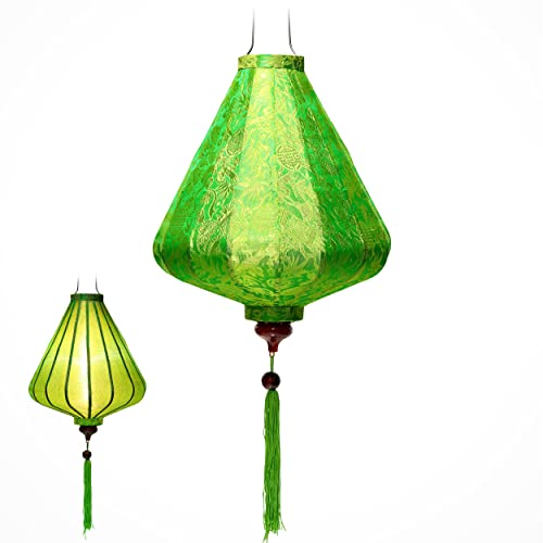 Laterne Lampion Asiatische aus Seide Grün, T Ø35cm - Traditionelle Hoi An Hängelampe aus Stoff, Bambus und Holz - Dekoration und Handwerk aus Vietnam (A25-V) von Art Saigon