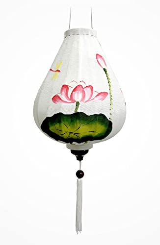 Asiatische Laterne aus Weißem Leinenstoff G - Durchmesser Ø33cm - Handbemalte Laterne mit Motiv Lotusblüten - Dekoration und Kunsthandwerk aus Vietnam (G25-SEN) von Art Saigon