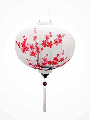 Asiatische Laterne aus Weißem Leinenstoff R - Durchmesser Ø38cm - Handbemalte Laterne mit Kirschblütenzweig Motiv - Dekoration und Kunsthandwerk aus Vietnam (R25-DAOCAY) von Art Saigon