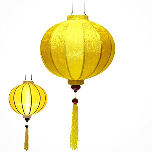 Laterne Lampion Asiatische aus Seide Gelb, R Ø38cm - Traditionelle Hoi An Hängelampe aus Stoff, Bambus und Holz - Dekoration und Handwerk aus Vietnam (R25-J) von Art Saigon