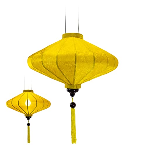 Traditioneller asiatischer Lampion aus Seide, gelb, Durchmesser 39 cm – Laterne von Hoi an aus Stoff, Bambus und Holz, handgefertigt – Dekoration von Asien und Handwerk aus Vietnam (P20-J) von Art Saigon
