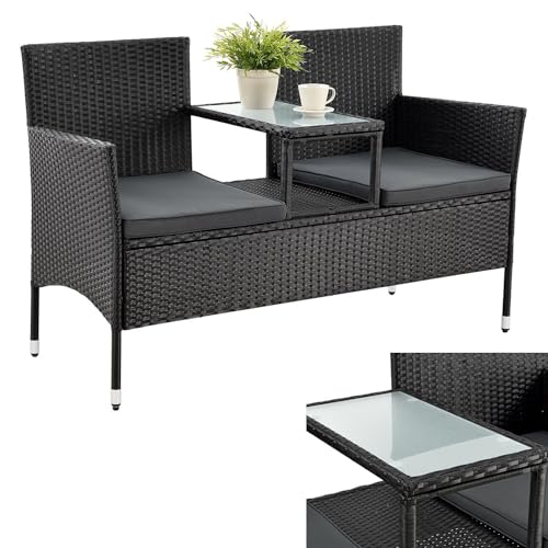 Juskys Polyrattan Gartenbank Monaco - 2-Sitzer Bank mit Tisch & Kissen - 133x63x84 cm - Rattan Sitzbank wetterfest Garten Balkon - schwarz von Juskys