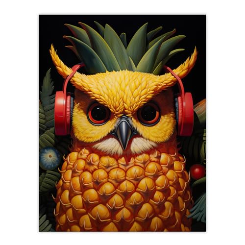 Pineapple Owl Bold Vibrant Rich Red Gold And Green Artwork Kitchen Retro Interior Design Extra Large XL Wall Art Poster Print von Artery8