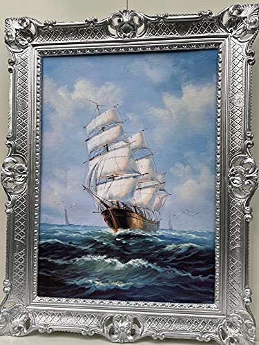 Segelschiffbilder Gemälde Segelschiff Antik Schiff auf dem Meer Wandkunst 90x70 Wandbild Antik Gemälde Kunstdruckbild mit Barockrahmen Silber von artissimo