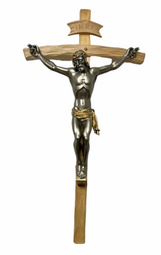 Artissimo Wandkreuz Kruzifix aus Holz mit Jesus Figur aus Kunststein Handbemahlt Silber 45x23 cm Kruzifix Jesus Christus Holzkreuz Jesus am Kreuz SCC6 Holz von artissimo