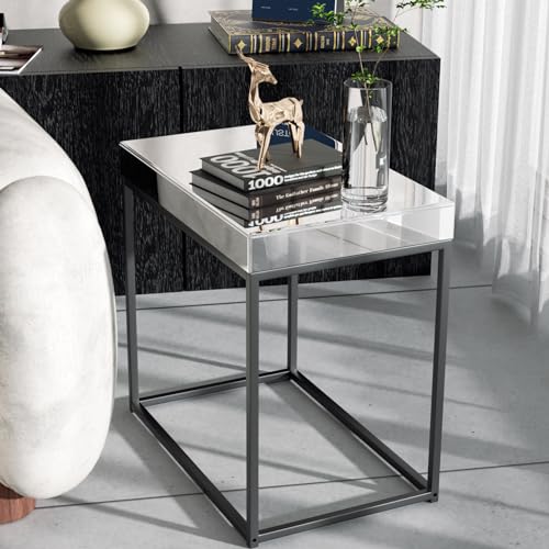 Artloge Beistelltisch Spiegel Tischplatte Nachttisch Silber, Wohnzimmertisch Sofa Klein Sofatisch Couch mit Metallgestell 35×58×59 cm von Artloge