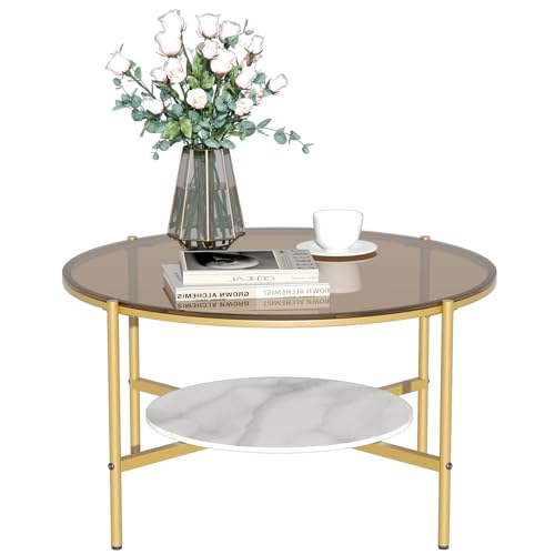Artloge Couchtisch Rund Gold Glas, 2-Ablagen Runder Wohnzimmertisch mit Marmor Klein Tischplatte - Modern Sofatisch mit Gold Metallgestell 80×80×47.5 cm von Artloge