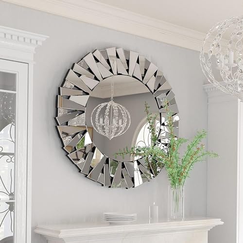 Artloge Rund Dekorative Wandspiegel 80×80, HD Silber Glas Sonnen-Design Spiegel mit Metall Haken - Badspiegel für Badezimmer Wohnzimmer Schlafzimmer von Artloge