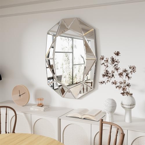 Artloge Wandspiegel Groß Diamant Luxus Spiegel, Silber Dekorative Spiegel Modern Wand Dekor Aesthetic Glasspiegel für Badezimmer, Wohnzimmer, Flur 100×72 cm von Artloge