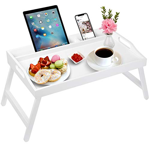 Betttablett mit Griffen,klappbare Beine, Bambus-Frühstückstablett mit Handy/Tablet-Halter Serviertabletts zum Essen auf dem Bett (White) von Artmeer