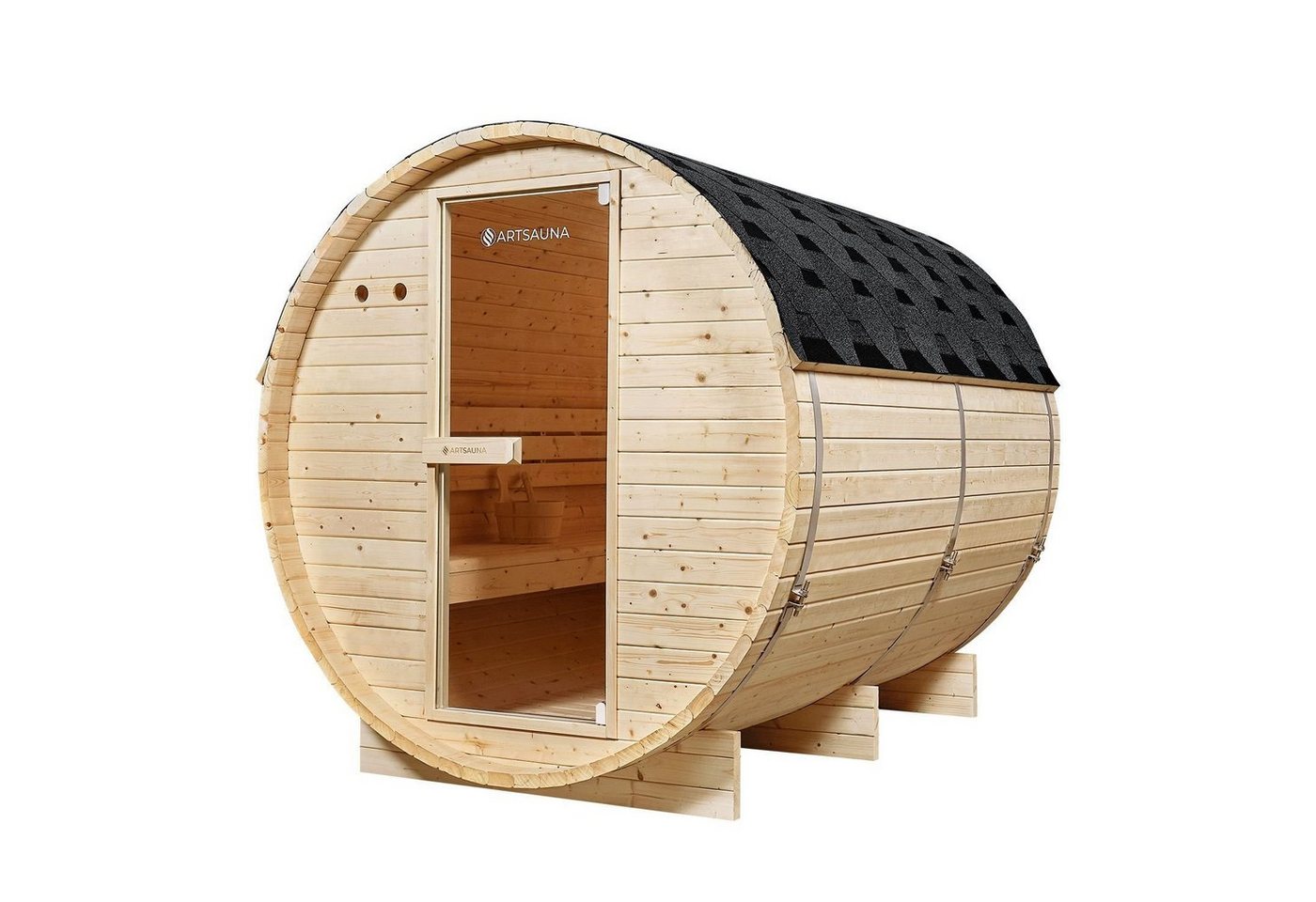 Artsauna Fasssauna Spitzbergen 220, BxTxH: 191 x 220 x 193 cm, für 6 Personen, Fichtenholz, 8 kW Elektro-Ofen, Komplett-Set von Artsauna