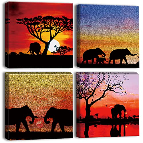Artscope 4 Teilig Leinwandbilder mit Sonnenuntergang und Afrikanischen Elefanten Motiv Kunstdruck - Moderne Wandbild für Küche Badezimmer Wohnzimmer Wanddekoration - 30 x 30 cm von Artscope