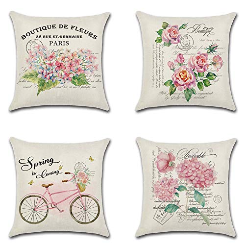 Artscope Frühlings-Serie Kissenbezug Rosa Blumen Schmetterling Kissenbezüge Baumwolle Leinen Dekorative Kissenhülle Fall Kissen für Sofa Couch Haus Dekor 45x45cm, 4er Set von Artscope