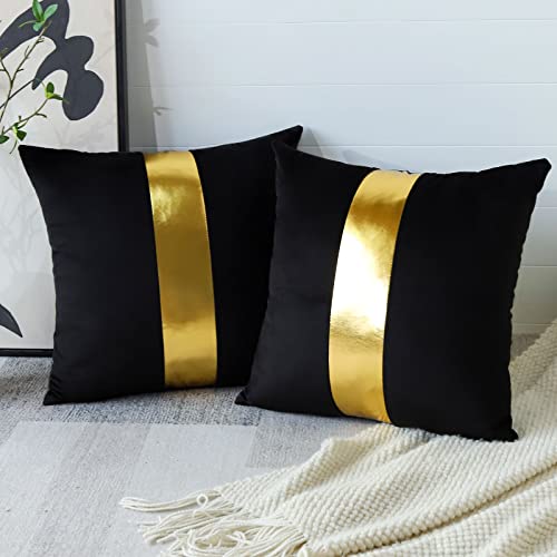 Artscope Schwarzer Samt Kissenbezug mit Luxuriöser Moderne Minimalist Goldenen Ledernähten Dekokissen Kissenhülle Kissen Fall für Sofa Schlafzimmer 45x45cm 2er Set von Artscope