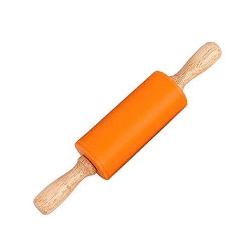 Asalinao 1 Stück 23 cm Silikon Nudelholz Antihaft Oberfläche Holzgriff für Kinder, Kinder Küche Kochen Backwerkzeug (Orange) von Asalin