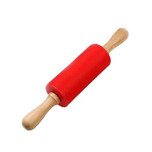 Asalinao 1 Stück 23 cm Silikon Nudelholz Antihaft Oberfläche Holzgriff für Kinder, Kinder Küche Kochen Backwerkzeug (rot) von Asalin