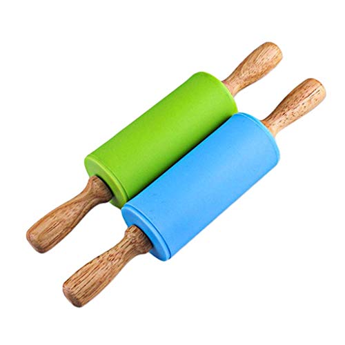 Asalinao 2 Stück 23 cm Silikon Nudelholz Antihaft Oberfläche Holzgriff für Kinder, Kinder Küche Kochen Backwerkzeug,Packung mit 2 Stück (Mehrfarbig-D) von Asalin