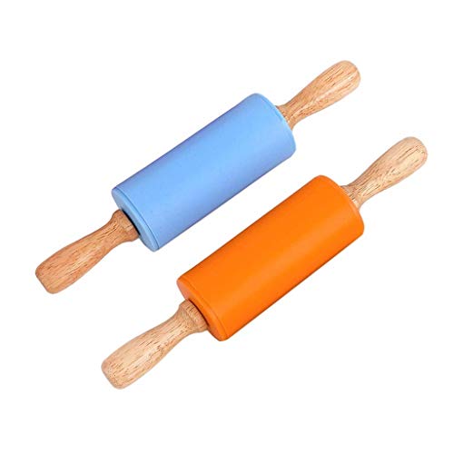 Asalinao 2 Stück 23 cm Silikon Nudelholz Antihaft Oberfläche Holzgriff für Kinder, Kinder Küche Kochen Backwerkzeug,Packung mit 2 Stück (Mehrfarbig-E) von Asalin