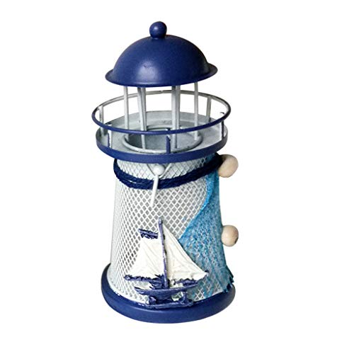 Asalinao dekorative mediterrane Leuchtturm Eisen Kerze Leuchtturm Dekoration, mediterrane Leuchtturm Eisen Kerze Kerzenhalter blau weiß Home Tischdekoration (B) von Asalin