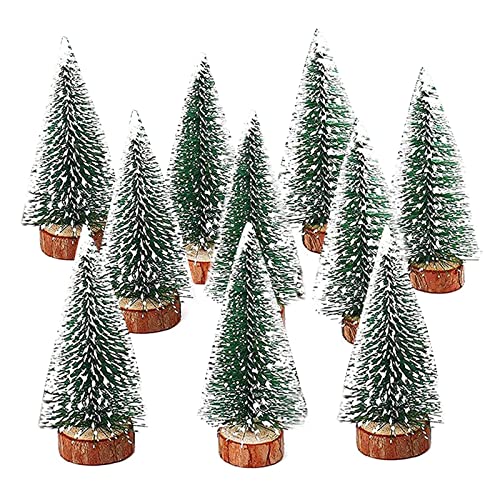 10 Stück Mini Grün Tannenbaum Mini Weihnachtsbaum Desktop Weihnachtsbäume Gefrostete Sisalbäume mit Holzbasis Naturgetreuer Christbaum mit Schnee-Effek für Tischdeko, DIY Weihnachtsdeko, Schaufenster von Ashuxxn