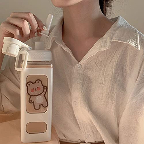 Asslye Kawaii-Bär-Wasserflasche, 700 ml, quadratische Trinkflasche mit Strohhalm, große Kawaii-Wasserflasche für Mädchen, niedliche Saft-Tee-Wasserbecher von Asslye