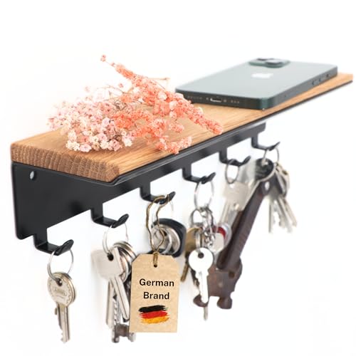 Astrein® | Schlüsselbrett mit 6 Haken | Schlüsselboard aus Holz | Eiche | Wandorganizer | Schlüsselkasten | Schlüsselhalter mit Ablage | Schlüsselaufbewahrung Metall schwarz | 30x8x8cm von Astrein
