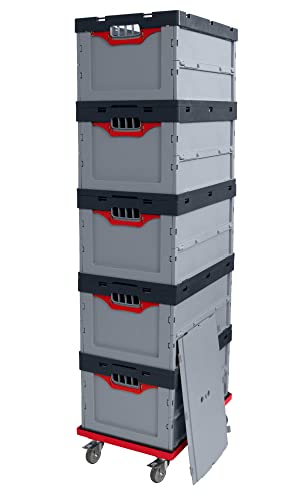 Auer Faltbox 5er Set FBD 64/32 + Deckel + Rollwagen | Kunststoffbox 60x40x32cm Box Klappbox stapelbar 67L | Lager-, Kommissionier- u. Transportboxen + Deckel + Transportroller rot von Auer Packaging