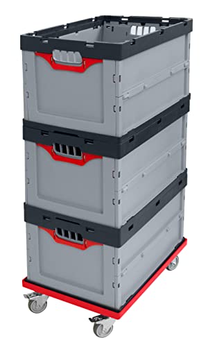 Auer Faltbox 3er Set + roter Rollwagen FB 64/32 | Angebotspaket: 3 Kunststoffboxen 60x40x32cm, 67L + Transportroller mit Lenkrollen | Faltboxen klappbar und stapelbar für Lager und Transport von Auer Packaging