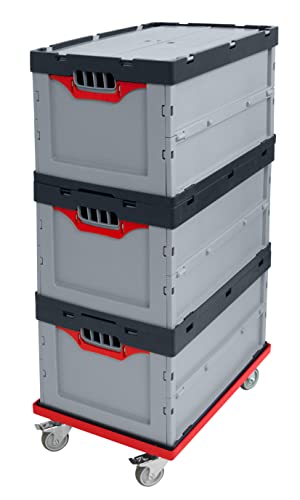 Auer Faltbox 3er Set FBD 64/27 mit Klappdeckel und rotem Rollwagen 60x40x27cm, 56L | Eurobehälter Lagerkiste Lebensmittelbox Kunststoffbox Vorratsbehälter Transportbox Stapelbox von Auer Packaging