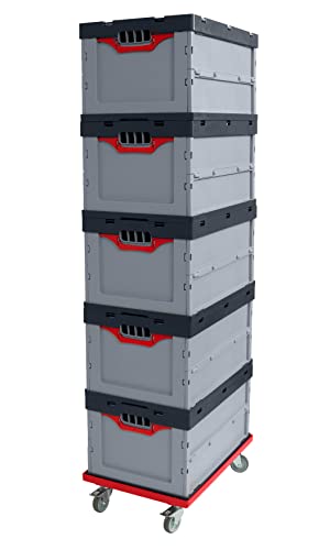 Auer Faltbox 5er Set FB 64/32 + Rollwagen - 60x40x32cm Kunststoffbox 67L | Angebotsset: stapelbare Aufbewahrungsbehälter + roter Transportroller | Industriebox stabil von Auer Packaging