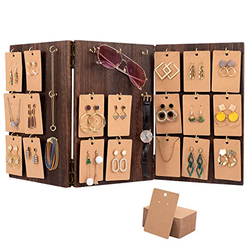 Aulock Schmuckständer aus Holz, 3-seitig, für den Verkauf von Ohrringen, Ringen und Schlüsselanhängern, mit 27 Haken und 100 Ohrringkarten für Geschäft, Vitrine und Zuhause (braun) von Aulock