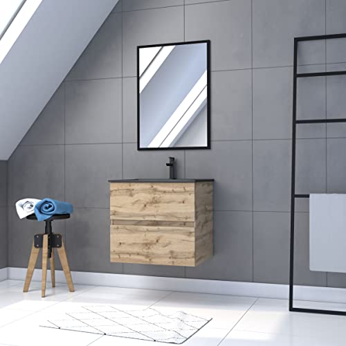 Badezimmerschrank mit Schublade/Waschbecken/Spiegel, Schwarz, 60 x 80 cm, Eiche Natur von AURLANE