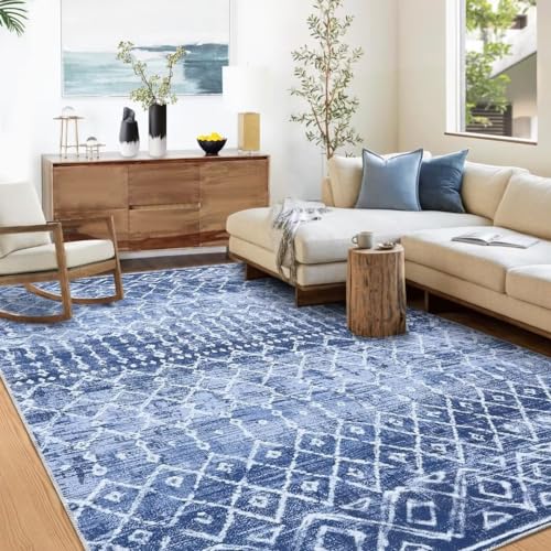 Auton Boho Teppich, Moderner Teppich, Neutraler Teppich für Schlafzimmerdekoration Wohnzimmer Dekorationsideen Spielzimmer 160 x 230 cm Blau von Auton