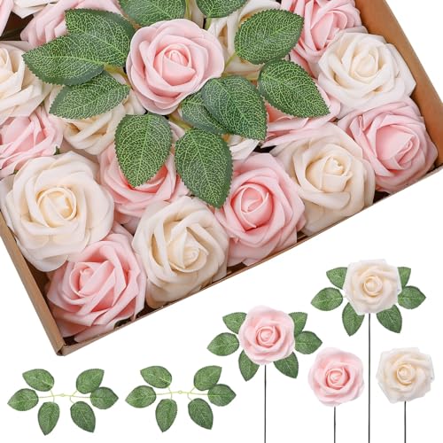 Auton Künstliche Rosen Blumen, 25 Stück Kunstblumen Rosenköpfe und Blatt für DIY Hochzeit Blumensträuße/Zuhause Dekorationen, Hell-pink & Champagner von Auton