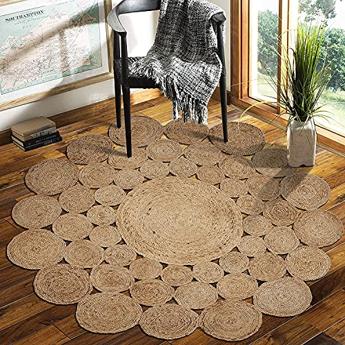 Teppich, rund, natürliche Jute, Kreis-Design, handgefertigt, geflochten, wendbar, 180 x 180 cm von Avgari Creation