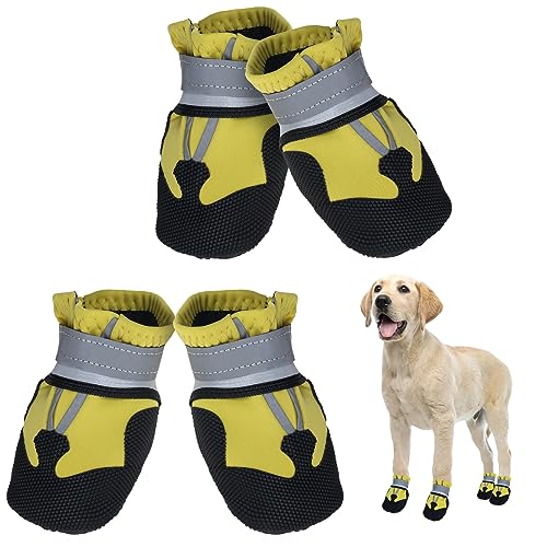 Avvrel Hundeschuhe, 4 Stück Pfotenschutz Hundestiefel rutschfeste wasserdichte Hundeschuhe mit Verstellbar Reflektierendem Riemen, Outdoor Hundeschuhe für Kleine Mittel Große Hunde (XXL, Gelbe) von Avvrel