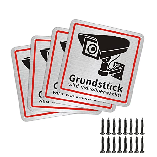 Achtung Videoüberwachung Schild 4 Stück - Hinweisschild Mit 16 Schrauben- Warnschild für Kameraüberwachung klein- Gebürstetes Alu Aluminium- 15x15 cm (Metall) von Ayifan