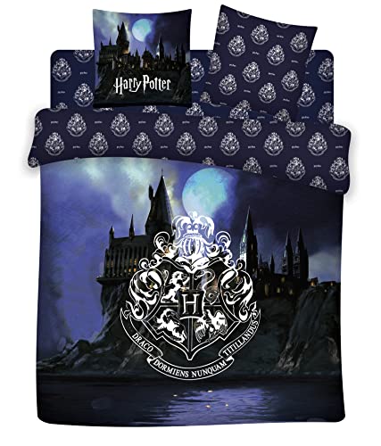 Harry Potter Bettwäsche-Set, Bettbezug 240x220 cm + 2X Kissenbezug + Spannbettlaken 160x200 cm, 100% Baumwolle, Hogwarts von Aymax