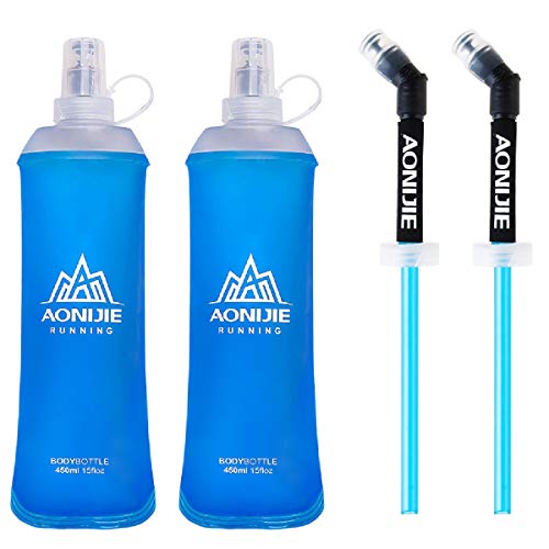 Azarxis TPU Faltbarer Soft Flask, BPA-Frei Trinkblase Trinkflaschen Wasserflasche für Trinkrucksack Fahrrad Klettern Sport (450ml - 2 Stück mit 2 ​​Strohhalmen) von Azarxis