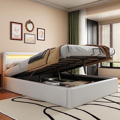 Azkoeesy 140 x 200 cm Polsterbett mit Bettkasten, mit LED-Licht, mit Metallrahmen, Doppelbett, Jugendbett, mit Stauraum, mit Lattenrost, Bezug aus PU (Weiß) von Azkoeesy
