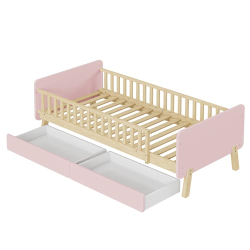 Azkoeesy Kinderbett 90 x 190 cm, mit Lattenrost und Fallschutzgitter, mit 2 Schubladen, Bett, Jugendbett, Max 150 kg (Rosa) von Azkoeesy