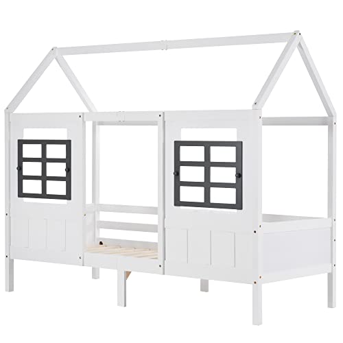 Azkoeesy 90 x 200 cm Kinderbett Hausbett mit Rausfallschutz und Lattenrost, 2 Fenstern,Einzelbett Jugendbett Holzbett, Weiß von Azkoeesy