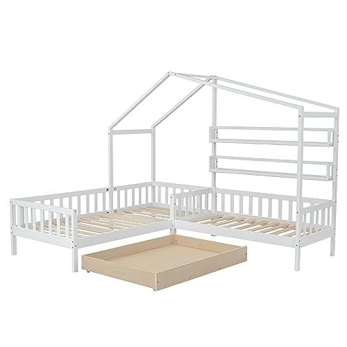 Azkoeesy Kinderbett Hausbett mit Groß Schubladen, mit 2 Ablage, Massivholz Bettgestell mit Zaun und 2 Lattenrost, 90 x 200 cm / 70 x 140 cm (Weiß) von Azkoeesy
