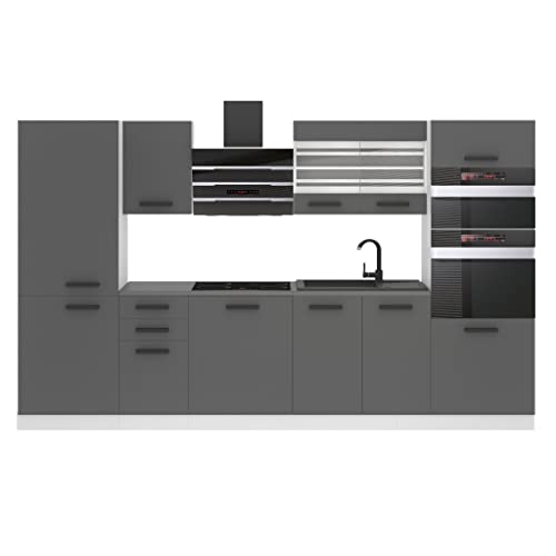 Belini Küchenzeile Küchenblock Mila - Küchenmöbel 300 cm Einbauküche Vollausstattung ohne Elektrogeräten mit Hängeschränke und Unterschränke, ohne Arbeitsplatten, Silber matt von B BELINI GROUP