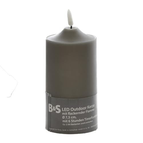 B & S LED Kunststoffkerze Outdoor grau 15 x Ø 7,5 cm Flackerflamme & Timer von B & S
