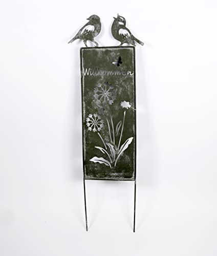 Gartenstecker Schild Willkommen Metall Vögel grau H 41 x B 12 x L 0.4 cm von B & S