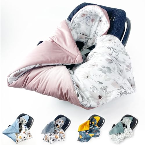 BABEES© Wattierte Einschlagdecke mit Füllung für Babyschale Autositz, Universal,V warm Minky VBaby Decke mit Klettverschluss für Kinderwagen Babytragen Babybett Velvet (Blumen) von BABEES